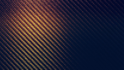 Carbon gold fiber texture pattern background. Dark with lighting. 3D rendering