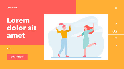Girls having fun outdoors. Young woman, female friends celebrating and dancing flat vector illustration. Friendship, leisure, party concept for banner, website design or landing web page