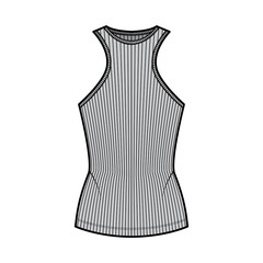 Ribbed cotton-jersey tank technical fashion illustration with racer-back straps, slim fit, crew neckline. Flat outwear top apparel template front, grey color. Women, men unisex shirt knit CAD mockup