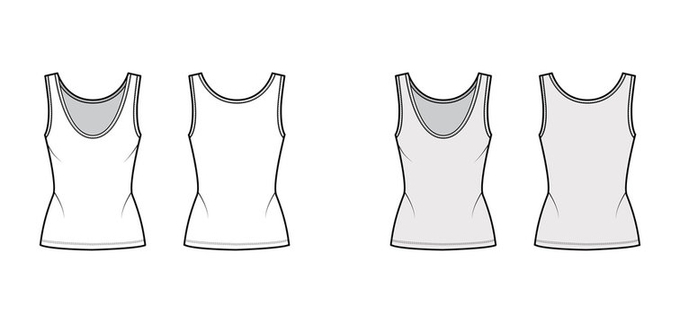 Cotton-jersey tank technical fashion illustration with fitted body, deep scoop neck, elongated hem. Flat outwear apparel template front, back, white grey color. Women, men unisex shirt top CAD mockup 