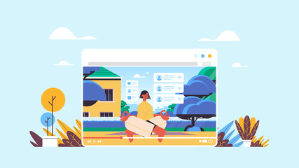 fitness blogger sitting lotus pose recording online video blog live streaming blogging concept girl vlogger doing yoga exercies in web browser window horizontal full length vector illustration