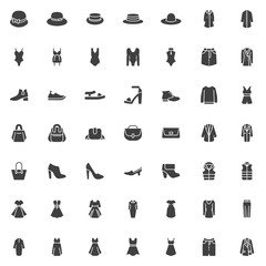 Women clothes and accessories vector icons set, modern solid symbol collection, filled style pictogram pack. Signs, logo illustration. Set includes icons as dress, skirt, hat, shoes, jacket, swimsuit