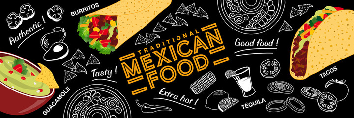 Bannière ou affiche sur la cuisine mexicaine avec des aliments en couleur et au trait blanc sur un fond de tableau noir. © ID-EasyDoor