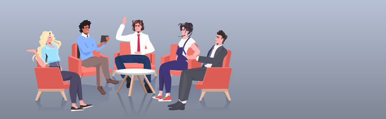 mix race businesspeople discussing during conference meeting keeping distance to prevent coronavirus epidemic horizontal full length vector illustration