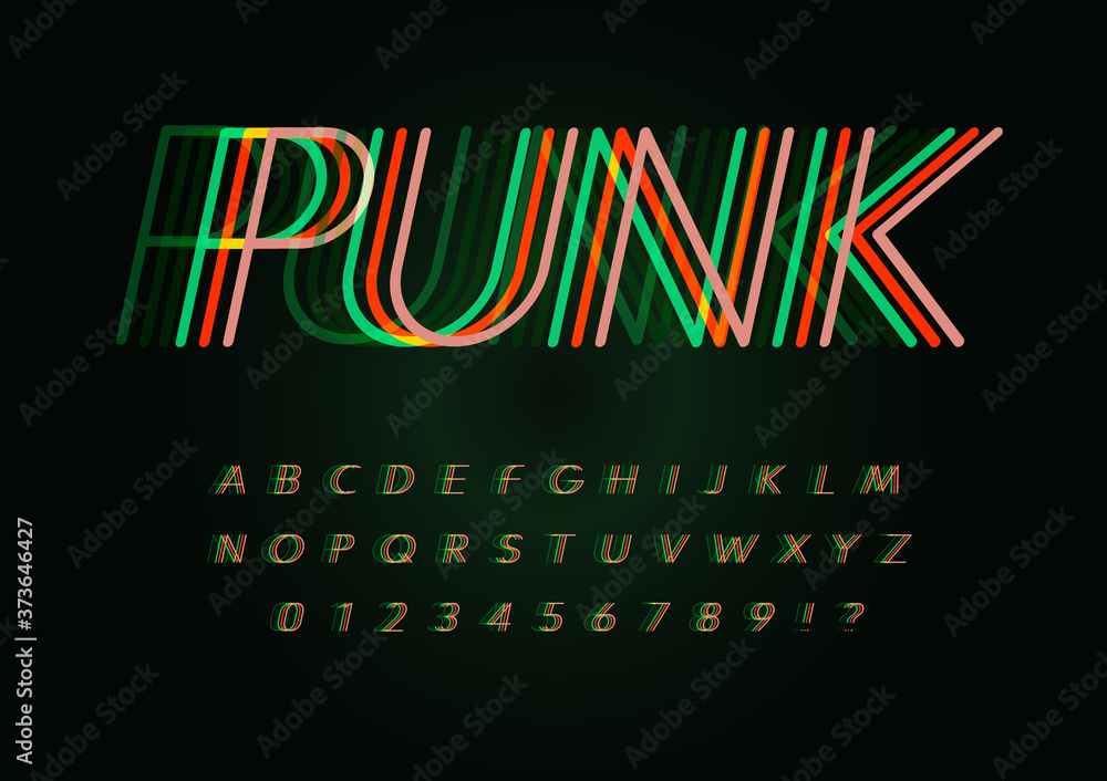 Poster cyber punk letters and numbers set. overlay fluorescence colors line style alphabet. original vector
