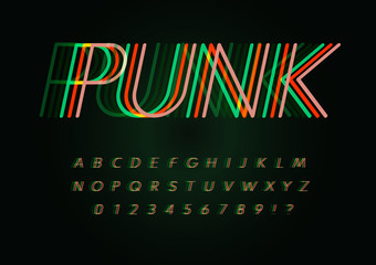 Cyber punk letters and numbers set. Overlay fluorescence colors line style alphabet. Original vector typeface designs for led posters, digital ads, future logo, cyber identities, cyber sport events