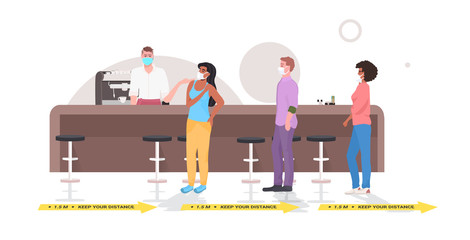mix race cafe visitors keeping distance to prevent coronavirus pandemic restaurant interior horizontal full length vector illustration