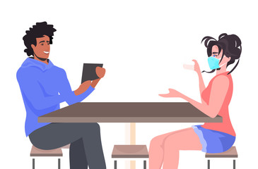mix race cafe visitors in face masks discussing during meeting keeping distance to prevent coronavirus epidemic social distancing concept horizontal portrait vector illustration