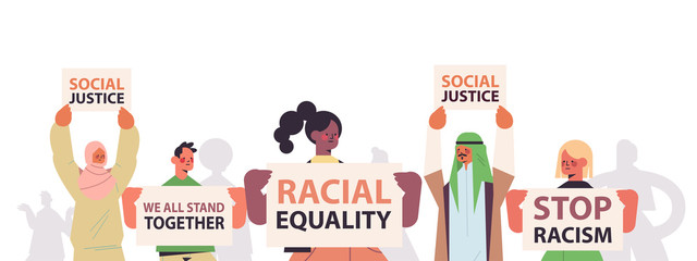 mix race activists holding stop racism posters racial equality social justice stop discrimination concept horizontal portrait vector illustration