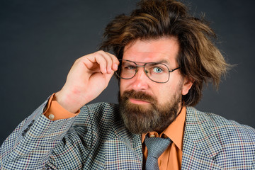 Bearded teacher. Close up portrait of confused teacher. School concept. Bearded man in suit. Education concept. School. Portrait of male teacher in suit. Business.