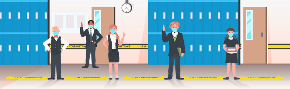schoolchildren in masks keeping distance to prevent coronavirus pandemic social distancing concept school corridor interior horizontal full length vector illustration