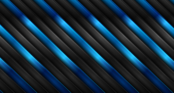 Contrast blue and black stripes geometrical abstract background. Dark glossy futuristic vector design