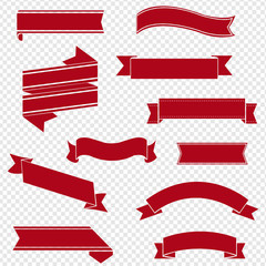 Retro Red Ribbon Set Isolated Transparent Background, Vector Illustration