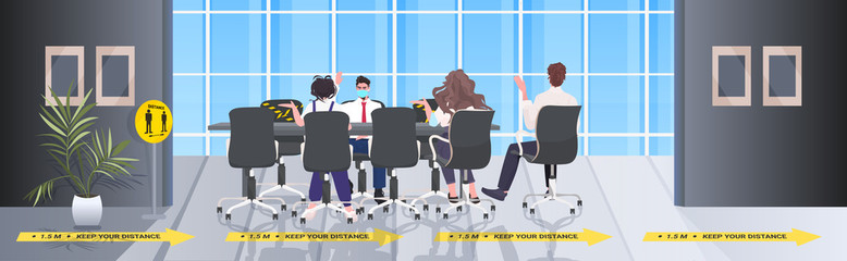 businesspeople in face masks discussing during conference meeting keeping distance to prevent coronavirus epidemic covid-19 protection measures office interior horizontal full length vector