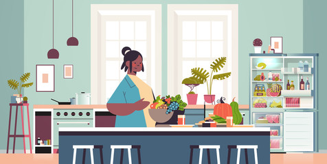 happy woman preparing healthy food at home cooking concept modern kitchen interior horizontal portrait vector illustration