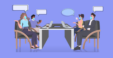 businesspeople in face masks discussing during conference meeting keeping distance to prevent coronavirus epidemic horizontal full length vector illustration