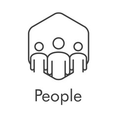 Concepto trabajo en equipo. Logotipo abstracto grupo de personas en hexágono lineal en color gris y palabra people
