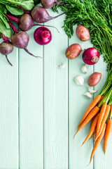 Harvest of vegetables. Home gardening. Top view frame copy space