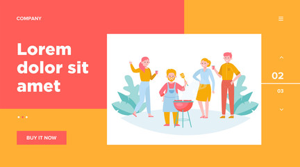 Happy friends enjoying barbecue party. Man in apron with spatula grilling meat outdoors flat vector illustration. Leisure, summer, food concept for banner, website design or landing web page