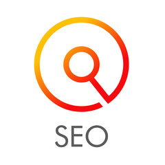 SEO - Search Engine Optimization. Logotipo lineal círculo con lupa con texto SEO en color naranja
