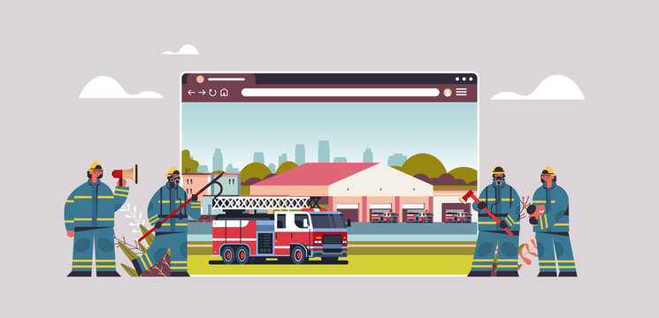 firefighters in uniform near fire station firefighting concept digital fire department in web browser window horizontal full length vector illustration