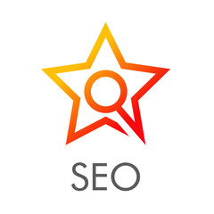 SEO - Search Engine Optimization. Logotipo lineal estrella con lupa con texto SEO en color naranja © teracreonte