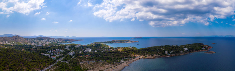 Fototapeta na wymiar Athens Greece panorama. Aerial drone view of Vouliagmeni and Kavouri, sunny summer day