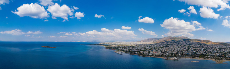 Athens Greece panorama. Aerial drone view of Voula and Glyfada, sunny summer day