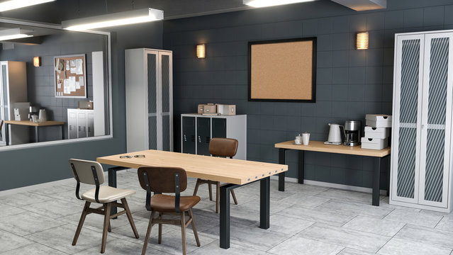 Large modern interrogation room 3d illustration