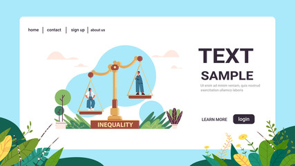 businessman and businesswoman on scales business corporate inequality concept gender male vs female unequal opportunities full length copy space horizontal vector illustration