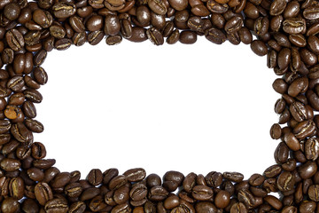 Roasted Arabica coffee beans framed around the edges of a white clean space. Copy space isolated.