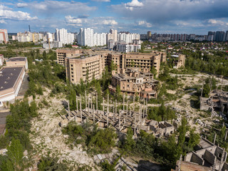 Fototapeta na wymiar Aerial drone view. Abandoned unfinished building of the city hospital in Kiev.