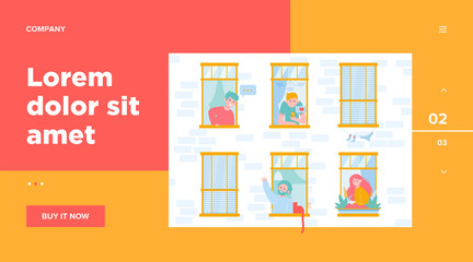 Fototapeta na wymiar Friendly neighbors looking at windows. Friendship, neighbor, building flat vector illustration. Lifestyle and neighborhood concept for banner, website design or landing web page