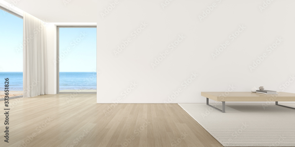 Poster 3d render of modern room with small table and carpet on wooden floor on sea background.