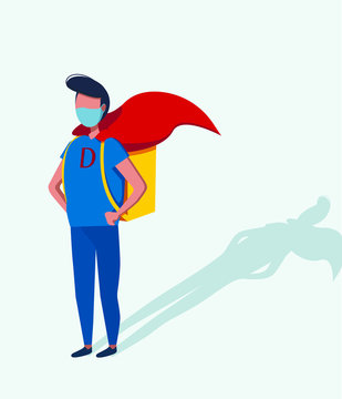 Safe food delivery. A hero of our time. Food delivery guy. Food delivery. Vector graphics. Flat image. A superhero in an ordinary person.