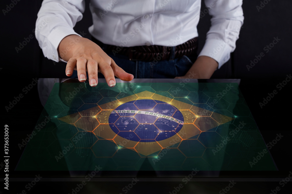 Sticker Business woman touching screen with Brazil flag