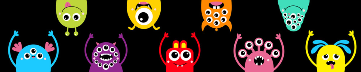 Happy Halloween. Monster head face icon set line. Colorful silhouette. Eyes, tongue, tooth fang, hands up. Cute cartoon kawaii scary funny baby character. Black background. Flat design.