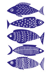 Set of stylized hand-drawn fish in blue. For postcard, poster, poster, brochure, cover design, packaging, textile, clothing, package. © pannat