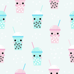 Seamless pattern with funny bubble tea. Kids summer print. Vector hand drawn illustration.