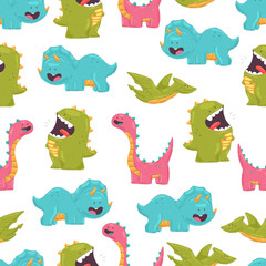 Cute dinosaurs vector cartoon seamless pattern on white background for wallpaper, wrapping, packing, and backdrop.