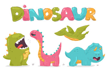 Funny little dinosaurs vector cartoon characters set isolated on white background.