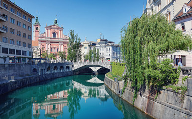 Fototapeta premium View of the city center of Ljubljana during a summer sunny day