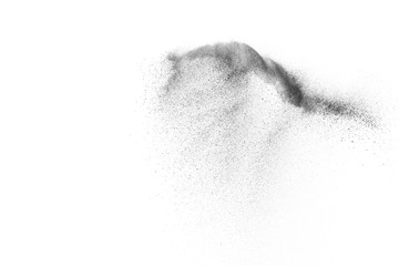 Black particles explosion isolated on white background.  Abstract dust overlay texture.