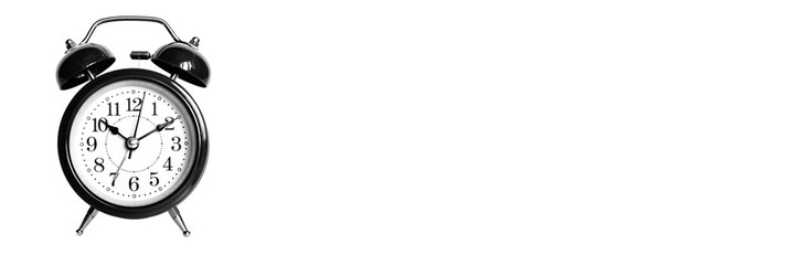 black round analog alarm clock isolated on white background. time 10:10. tinted in black gray color