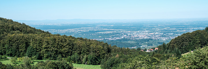 Fototapeta na wymiar Typical view of landscape valley between mountains in Brandmatt, Sasbachwalden, Black Forest, Schwarzwald, town in Western Baden-Wurttemberg, Germany. Banner