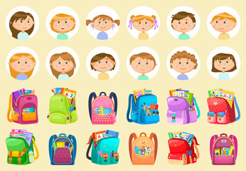 Fototapeta premium Sticker of smiling pupils girl and boy, backpack set. Back to school, chancellery in bag, notebook and pencil, educational sign, studying symbol vector. Back to school concept. Flat cartoon