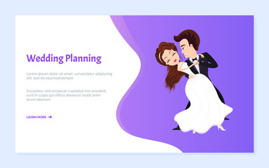 Wedding planning vector, first dance of married couple, bride wearing long dress, groom kissing female on cheek, happy pair dancing on ceremony. Website or webpage template, landing page flat style