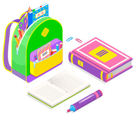 Colorful backpack full of school supplies isolated on white. Textbook, felt-tip pen, paper clips, copybook with green cover, paper scissors and eraser. Stationery isometric style vector illustration