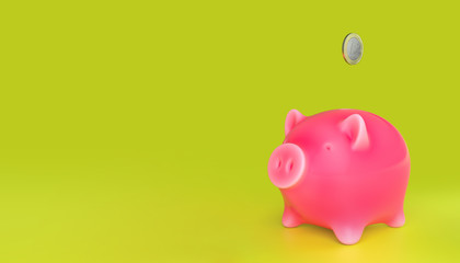 Piggy bank over salad green background with one euro coins. 3d rendering illustration.