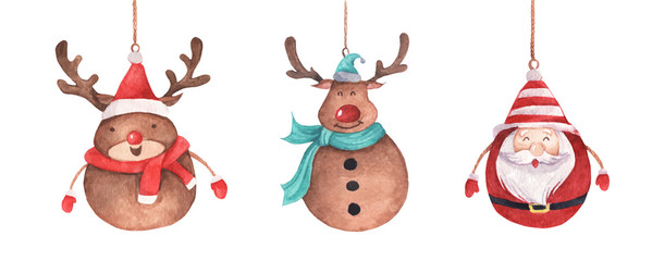Cute reindeer and Santa Claus hanging on string. Vintage Christmas decoration. Watercolor Christmas card for invitations, greetings, holidays and decor.